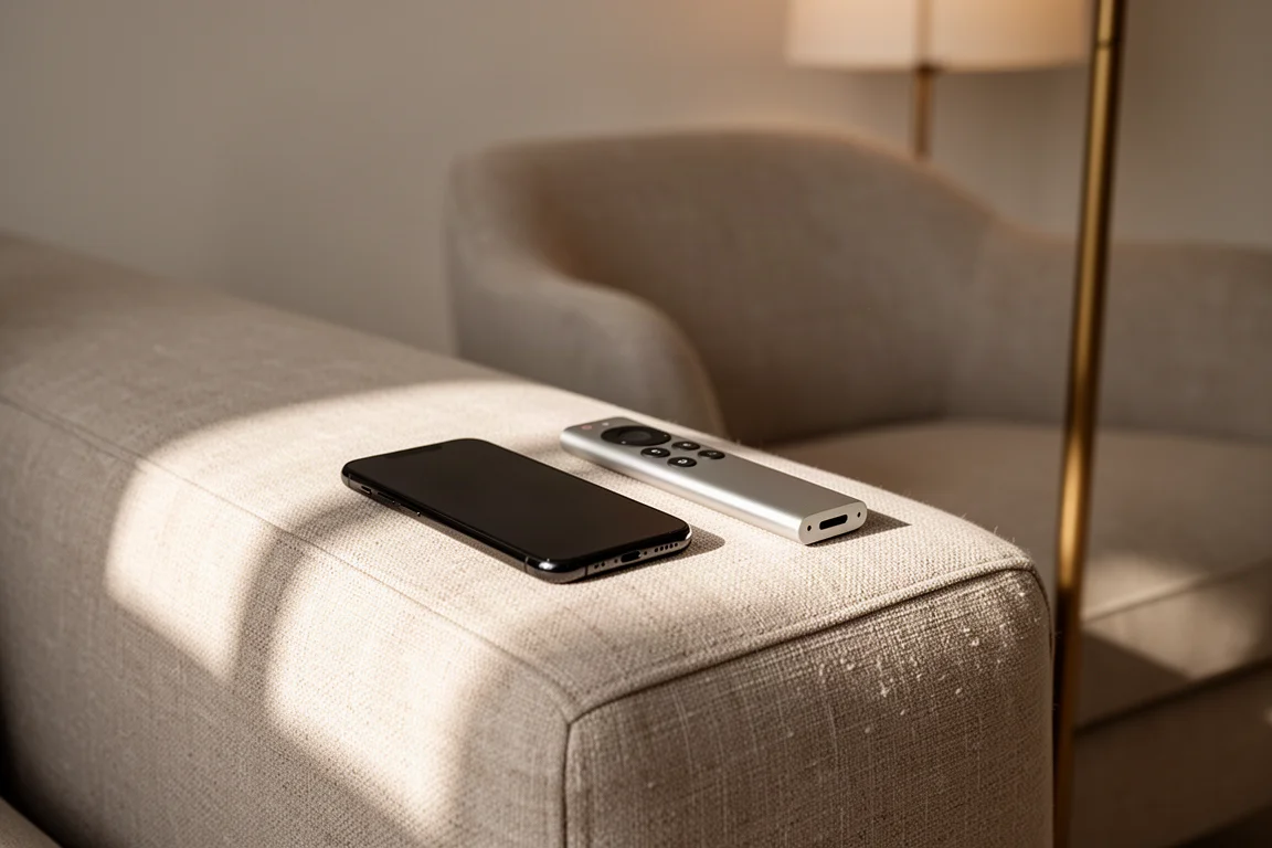 Smartphone and slim remote control resting on a linen sofa armrest