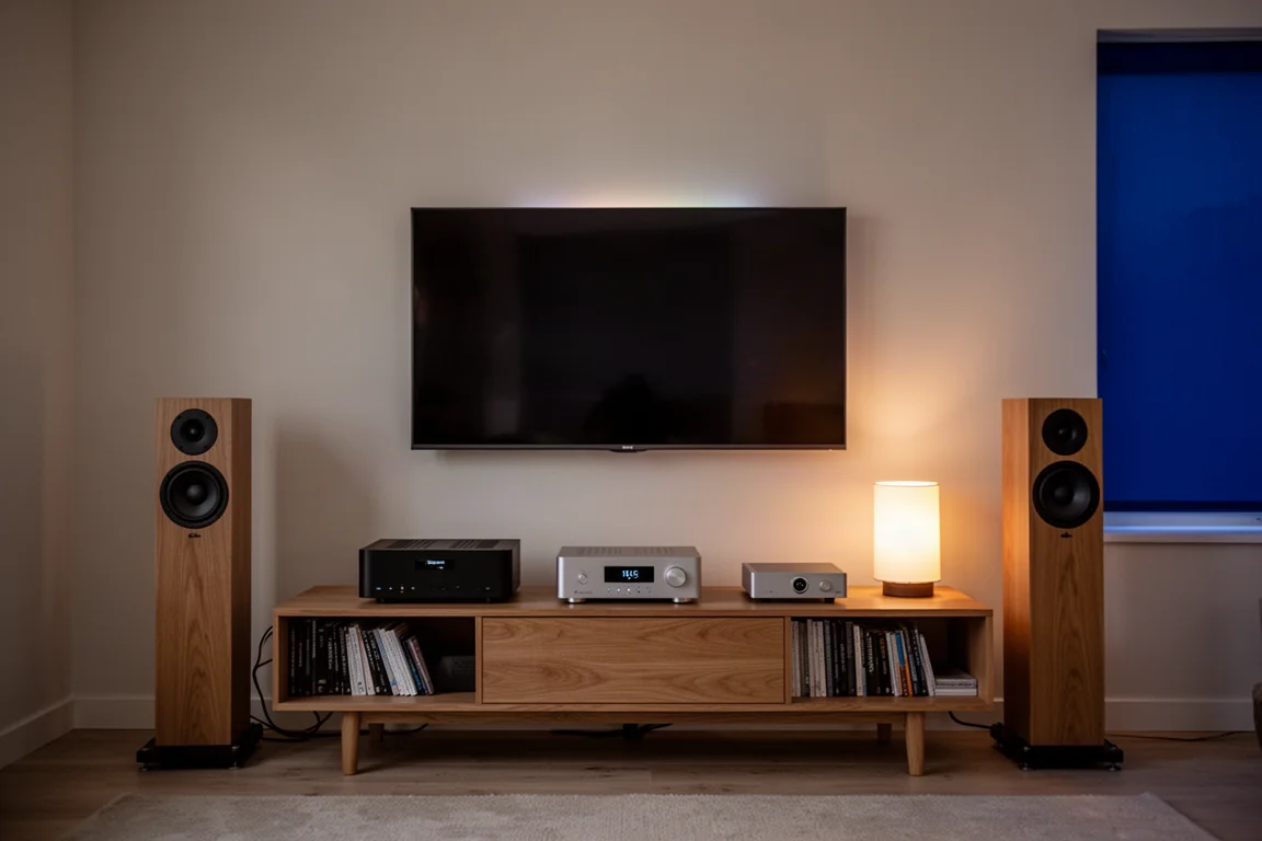 Living room with wall-mounted television and hi-fi rack in evening light