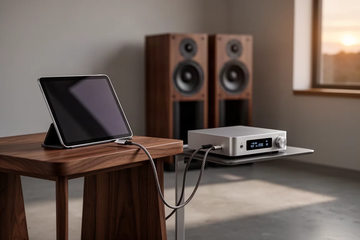 Tablet connected by USB to a compact desktop DAC in a warm living room hi-fi setup