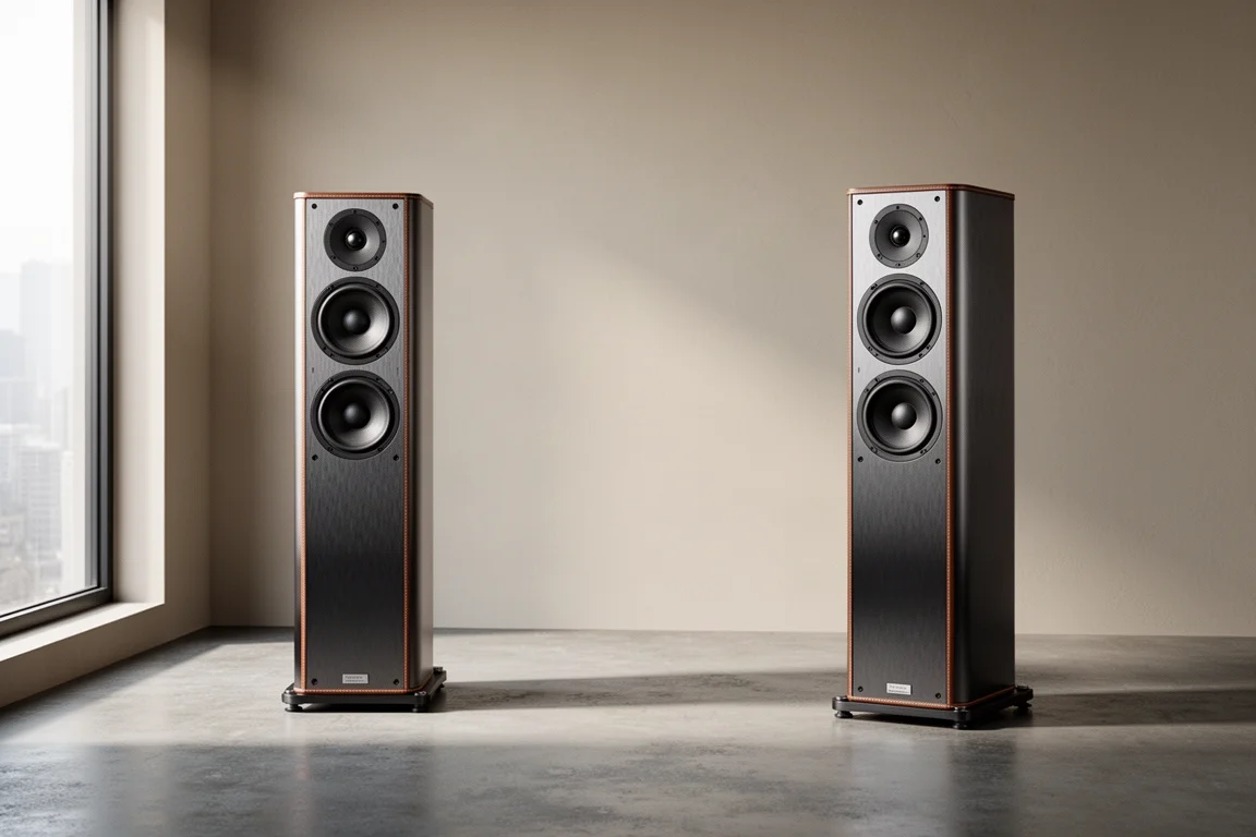 Pair of tall slim floorstanding loudspeakers in a minimalist listening room with soft daylight