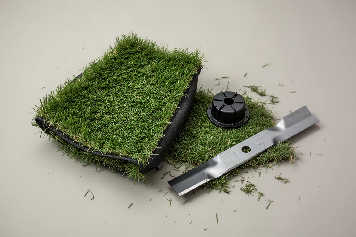 Grasfangsack und Mulchkeil-Zubehör auf dem Gras ausgelegt