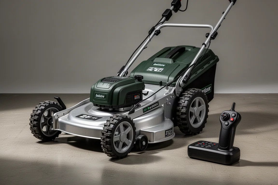 Remote-controlled four-wheel-drive lawn mower with handheld controller on concrete surface