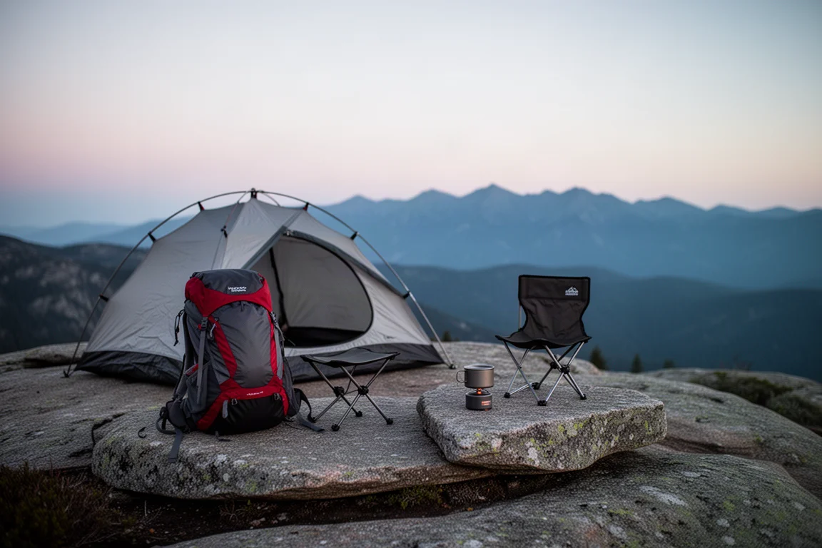 Lightweight backpacking camp at dusk on a granite outcrop with a small tent and compact camp chair
