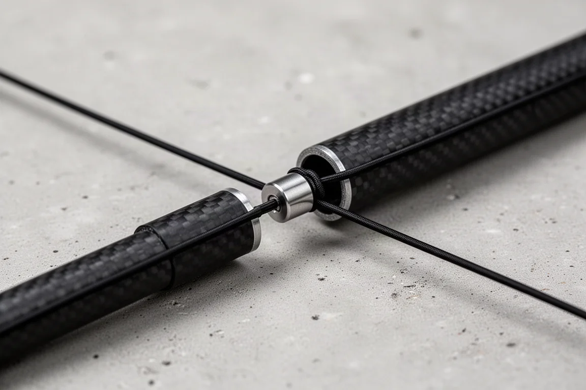 Macro detail of two carbon fiber pole segments joined by a metal connector with elastic shock cord inside
