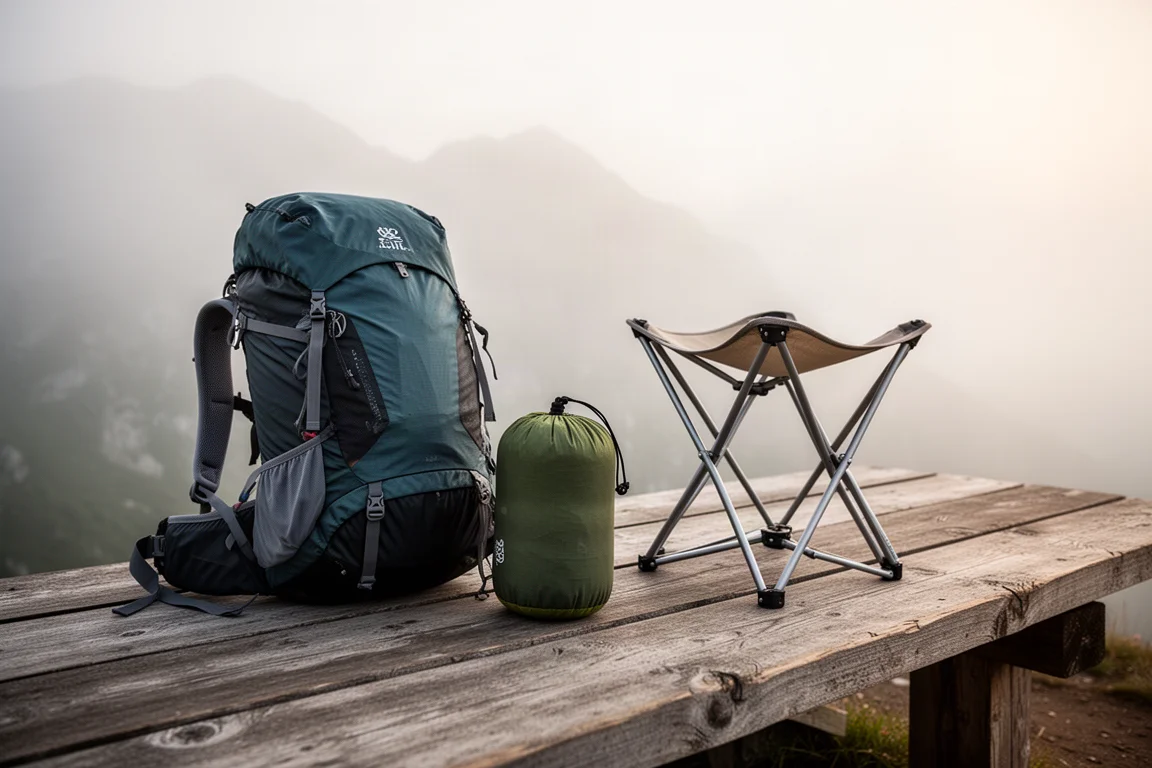 Backpacker gear laid out on a weathered wooden platform at a mountain shelter in morning mist