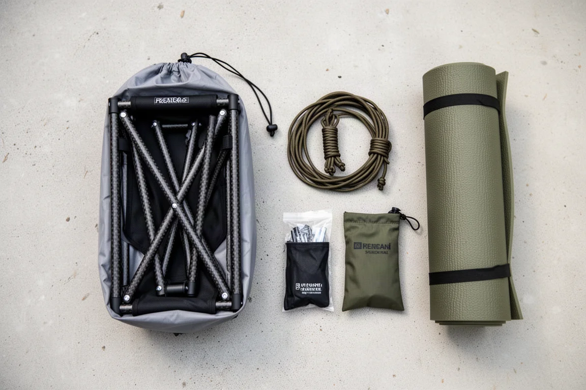 Overhead flat lay of ultralight backpacking gear including a folded chair in its storage bag and repair kit