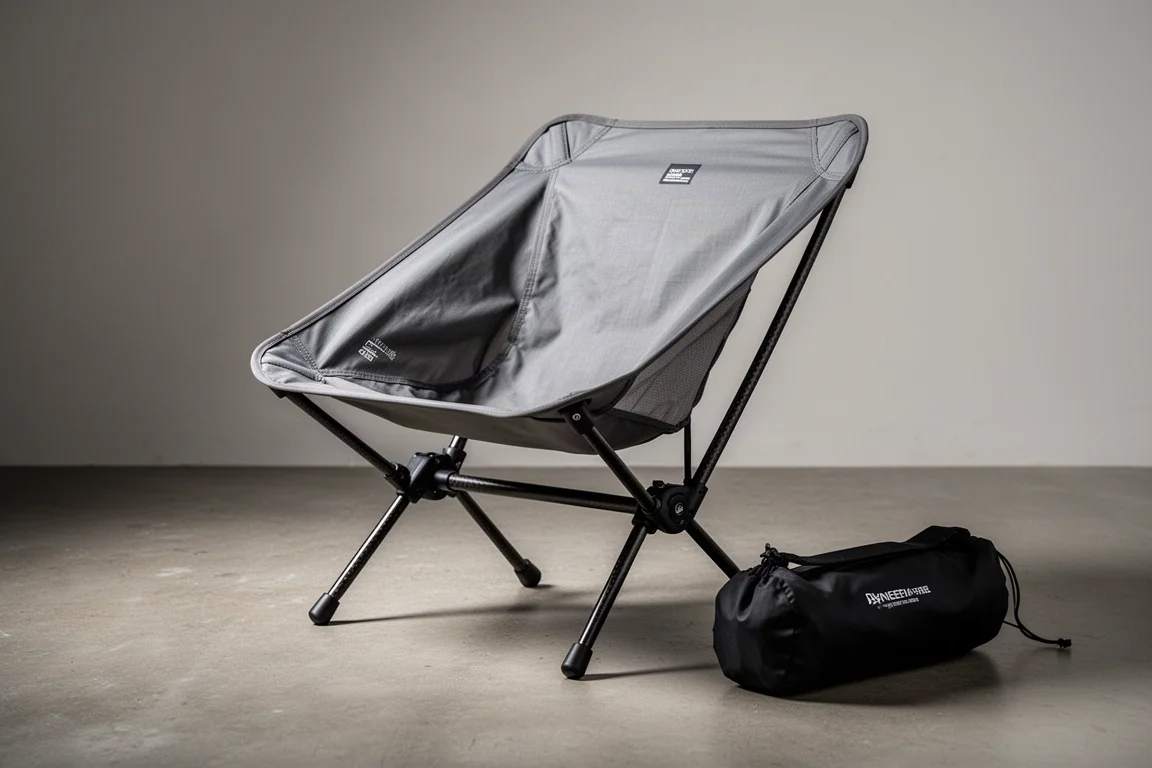 Ultralight carbon fiber backpacking chair with grey Dyneema seat beside its storage bag