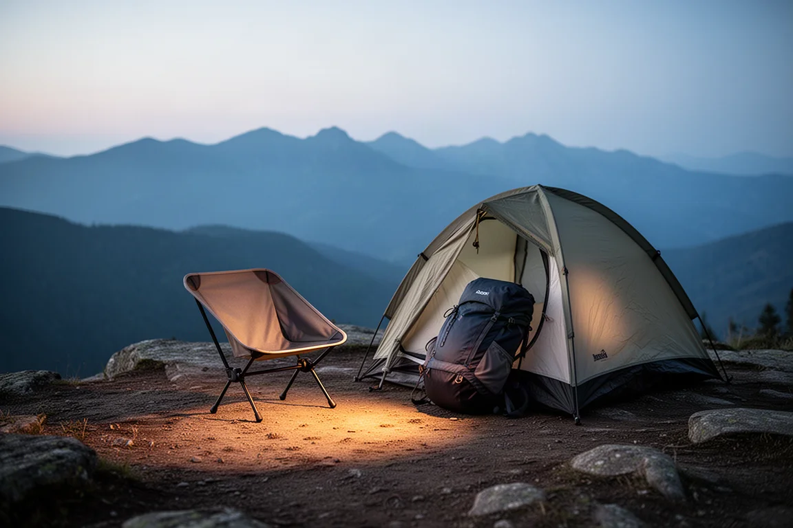 Kompakter Campingstuhl neben einem kleinen Trekkingzelt auf einem felsigen Aussichtspunkt in der Abenddämmerung