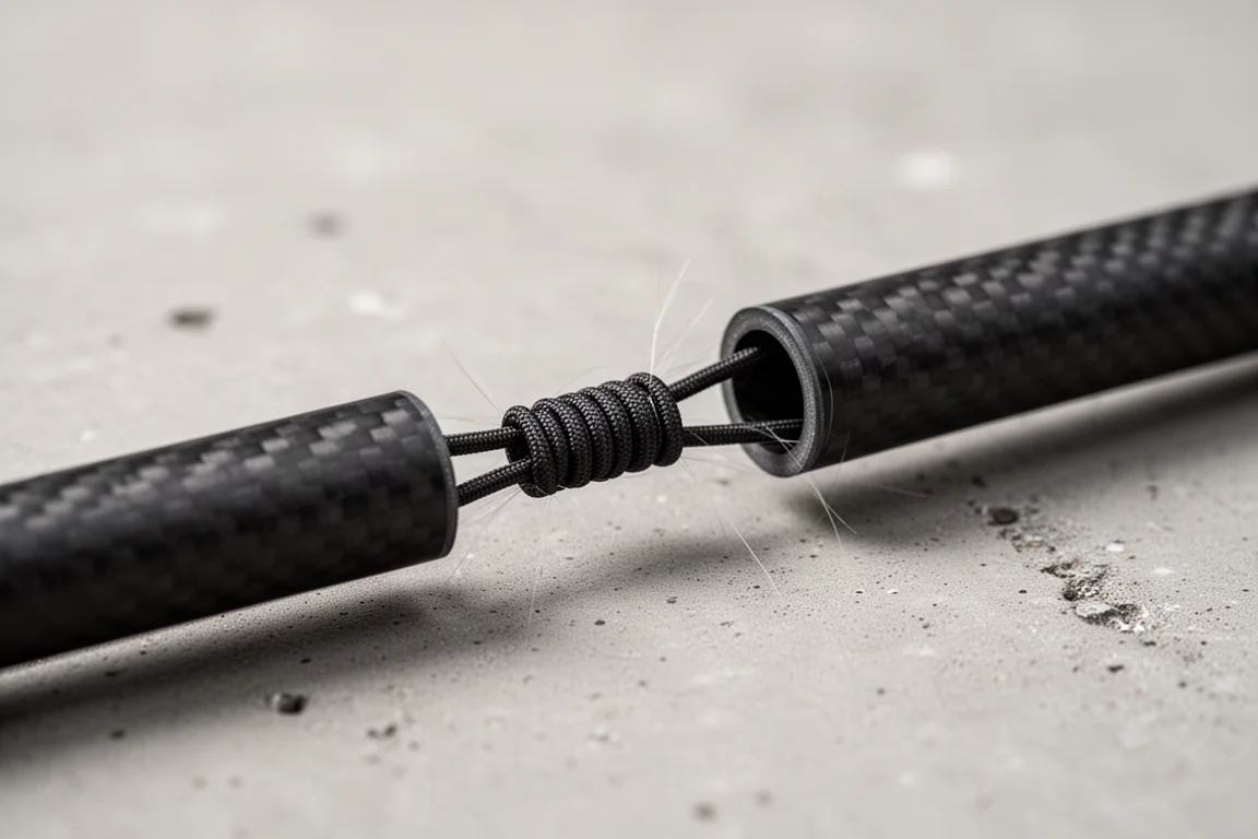 Nahaufnahme einer segmentierten Carbon-Fiber-Stangenverbindung mit Gummiseil