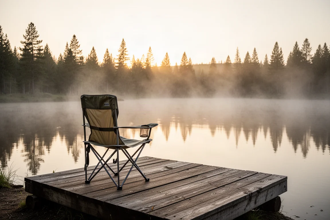 Leichter Campingstuhl auf einer Holzplattform an einem nebligen Seeufer-Campingplatz bei Sonnenaufgang