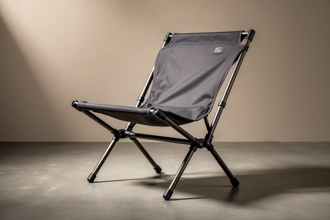 Dark folding ultralight camp chair with segmented frame on a matte concrete surface
