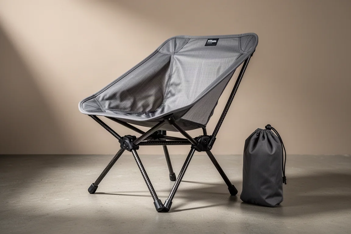 Ultralichte campingstoel met carbon fiber frame en donkere stoffen zitting op een betonnen ondergrond
