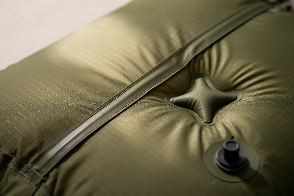 Primer plano de nailon ripstop verde oliva con costura soldada y bolsa de aire en forma de estrella