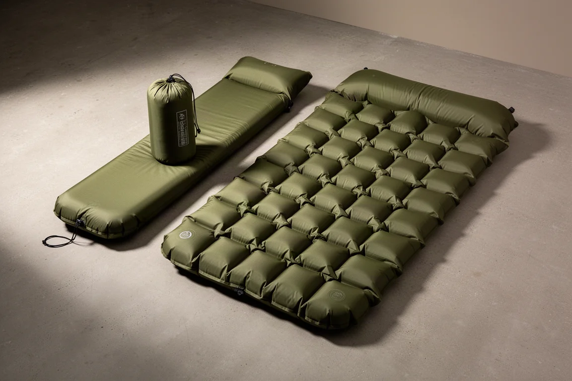 Olive green single and double sleeping pads with stuff sack on concrete surface