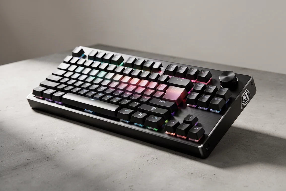 コンクリートのテーブルに置かれた、さまざまなサイズと素材のゲーミングキーボードのラインアップ