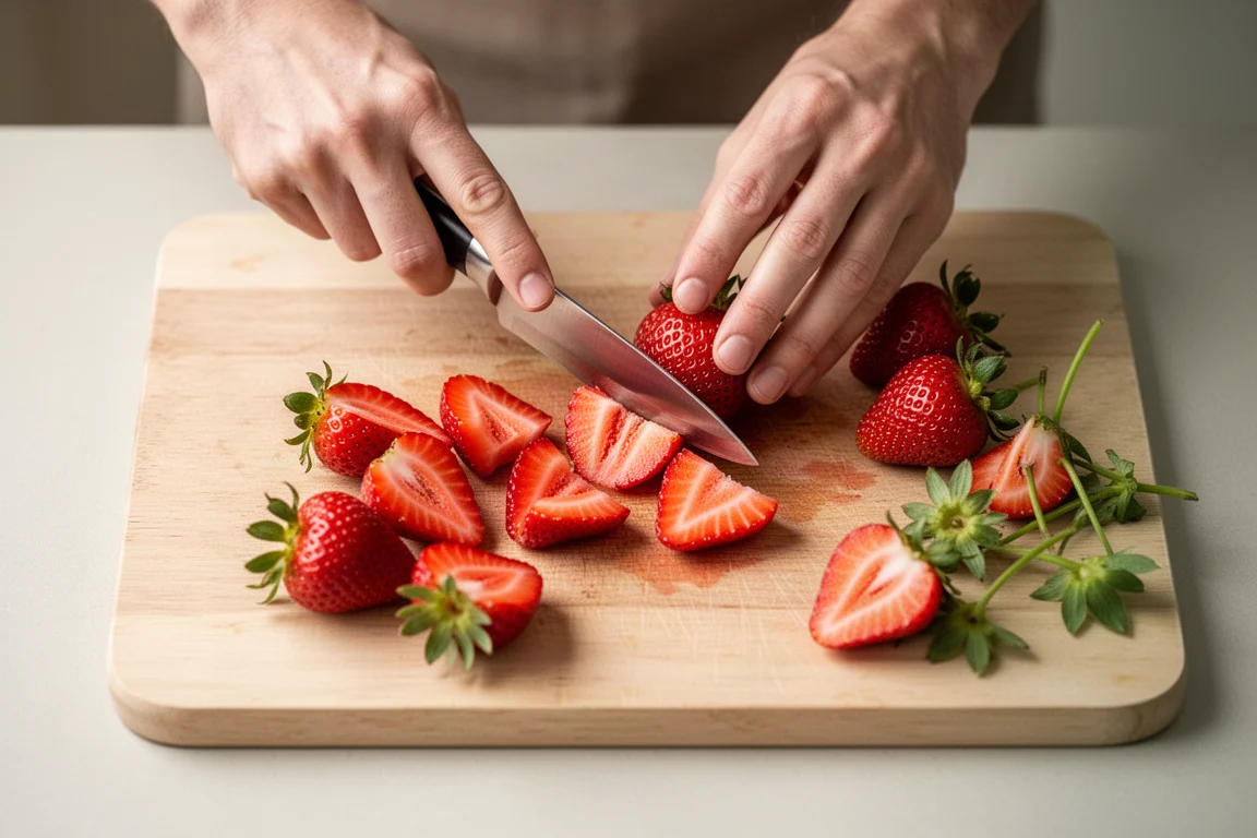 Hands hulling and quartering fresh strawberries on a wooden cutting board