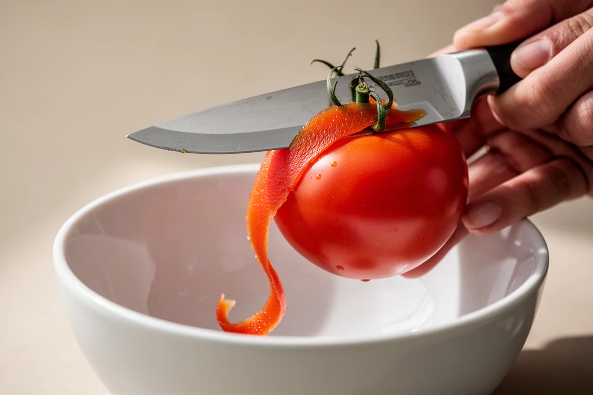Curved blade peeling the skin from a ripe tomato in one smooth motion