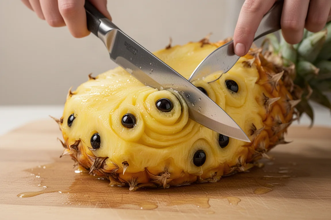 Fine knife tip removing eyes from a freshly peeled pineapple