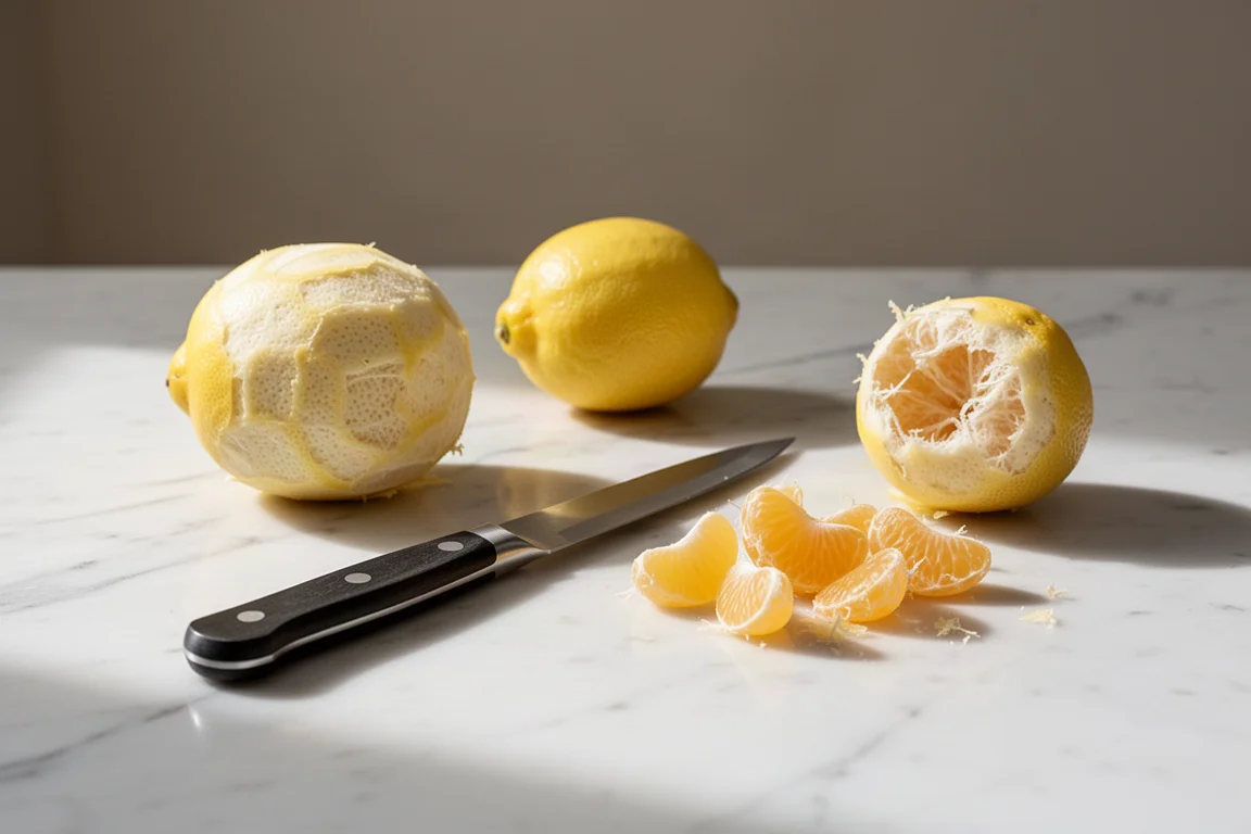 Knife resting beside peeled lemons ready for sectioning on a marble counter
