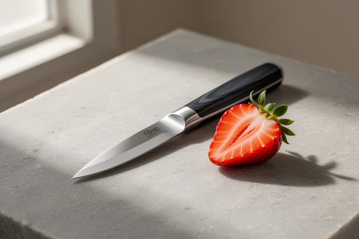 Bird's beak paring knife with curved blade beside a halved strawberry on stone surface