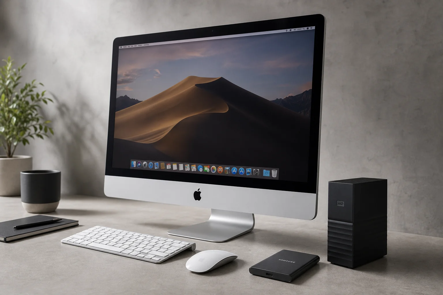 Mac-dator med extern SSD och hårddisk på ett skrivbord