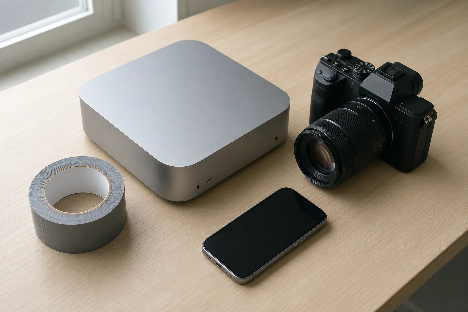 Mac mini next to everyday objects showing compact size comparison