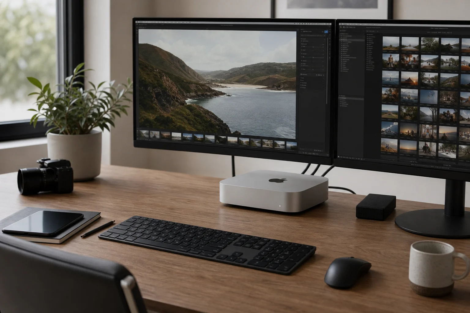 Mac mini integrated into a professional desktop workspace with displays and peripherals