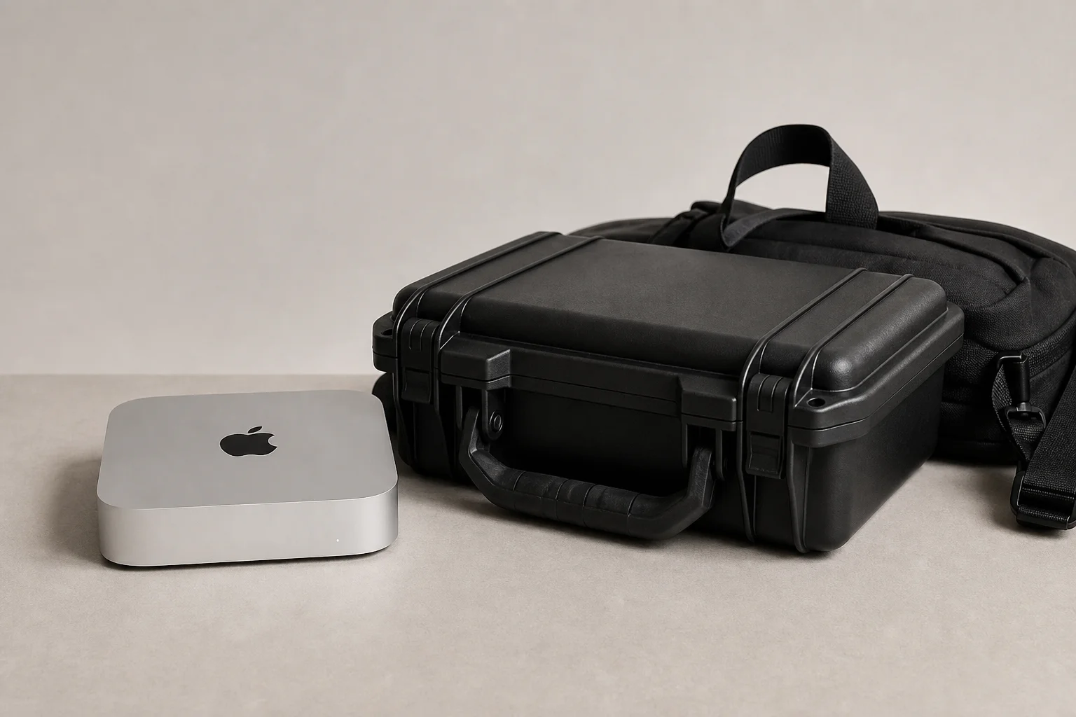 Mac mini next to travel bag demonstrating portable workstation capability