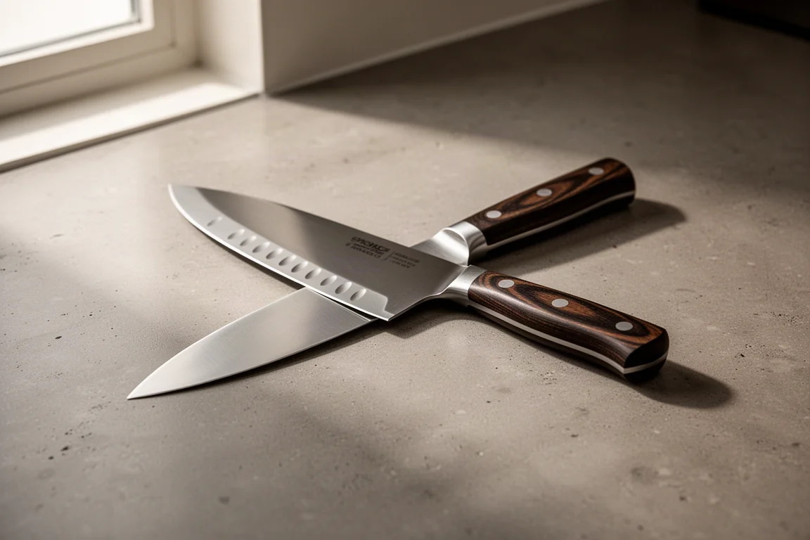 MAC MTH-80 chef's knife with dark handle on a concrete countertop