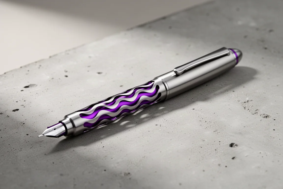 Slim titanium fountain pen with open-cut wave metalwork and purple accents on concrete