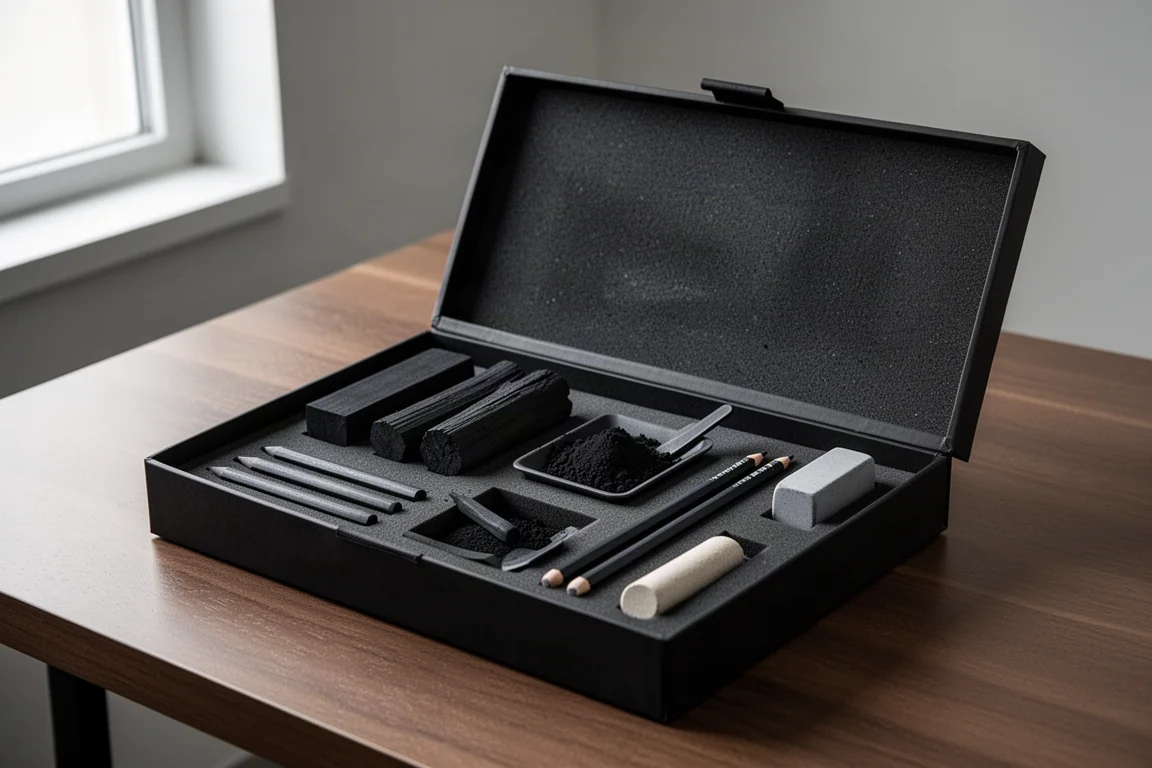 Open premium charcoal kit with foam inlay holding blocks, willow chunks, pencils and tools