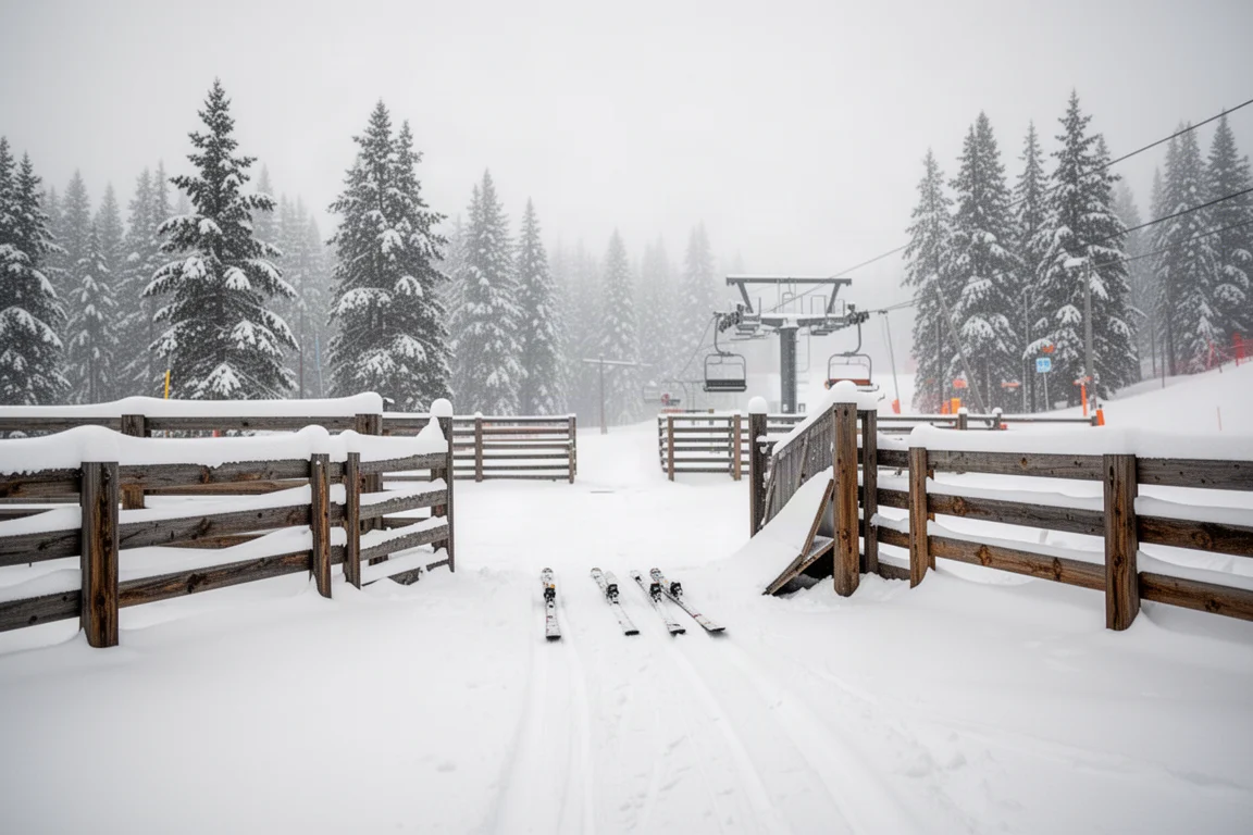 Recinto vuoto per la seggiovia con neve fresca sulle staccionate di legno in una piccola area base