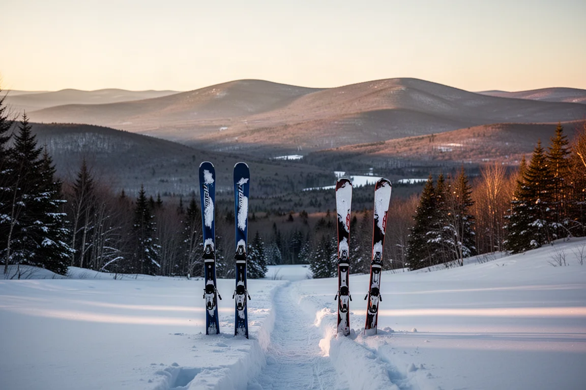 Due paia di sci piantati nella neve con vista su una valle del Vermont all'ora dorata