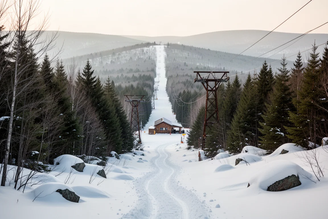 Snow-covered Vermont ski trail through evergreens with lift towers and a small base lodge