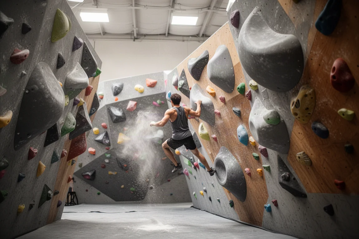 Mur de bloc en salle avec de gros volumes et un grimpeur en pleine mouvement vu de dos