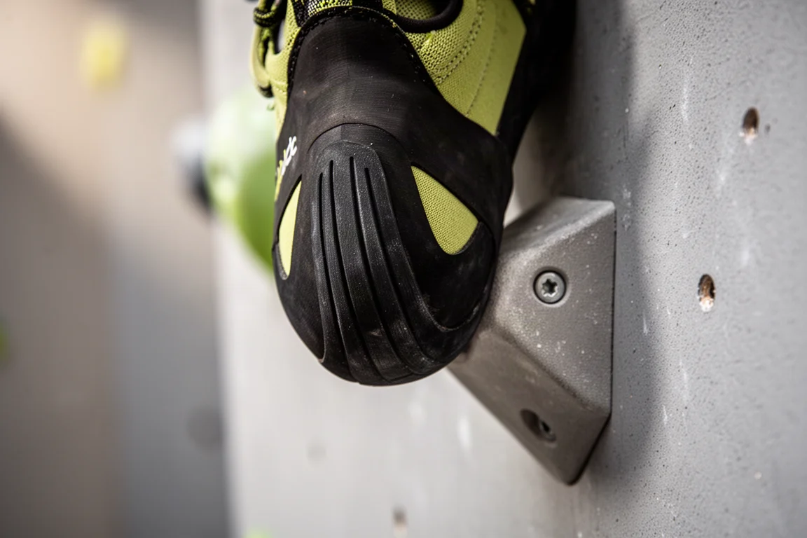 Gros plan sur un talon de chausson d'escalade à cambrure descendante avec une arête en caoutchouc sur une petite prise