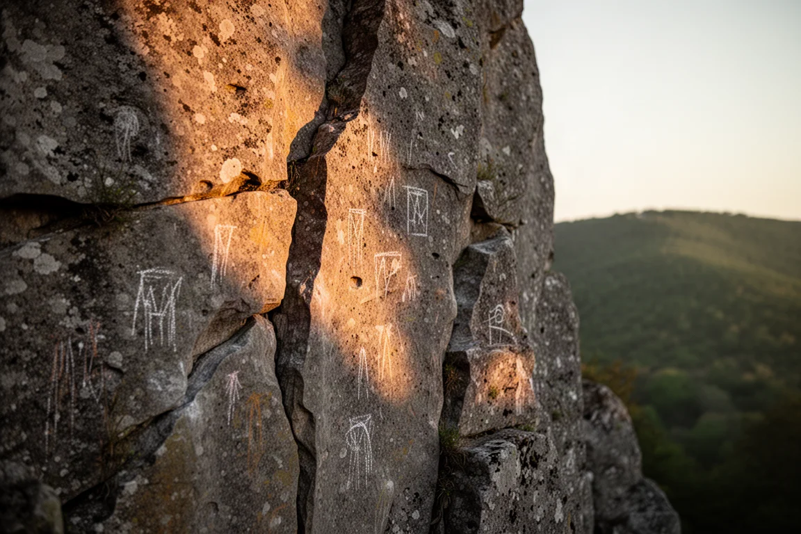 Falaise calcaire en lumière du soir avec de petites arêtes et des traces de magnésie