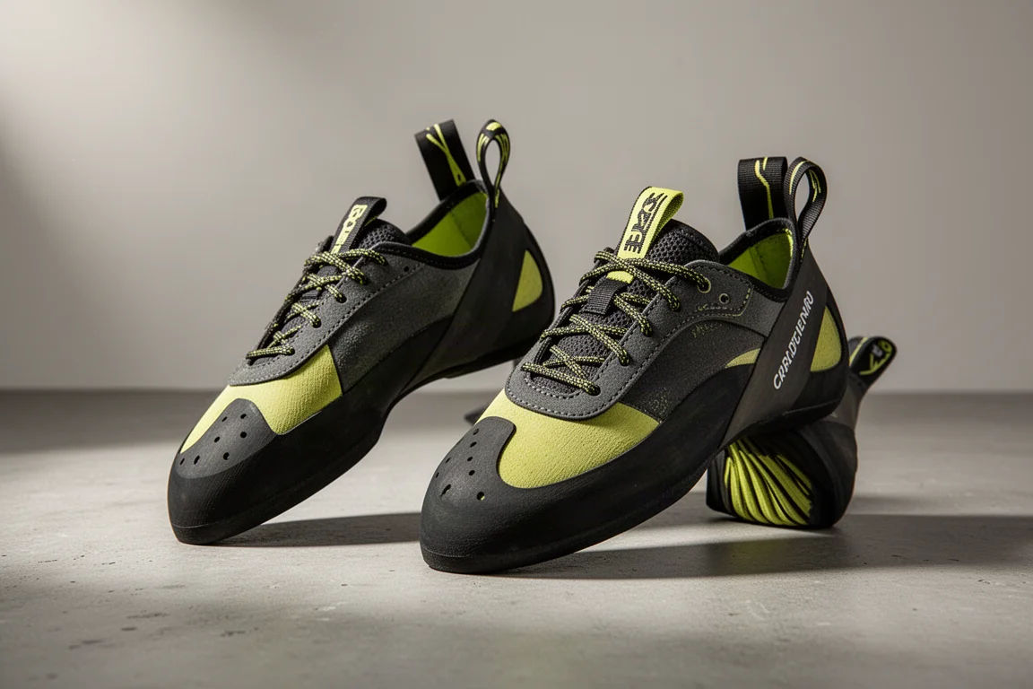 Two downturned Mad Rock climbing shoes side by side on a matte concrete surface