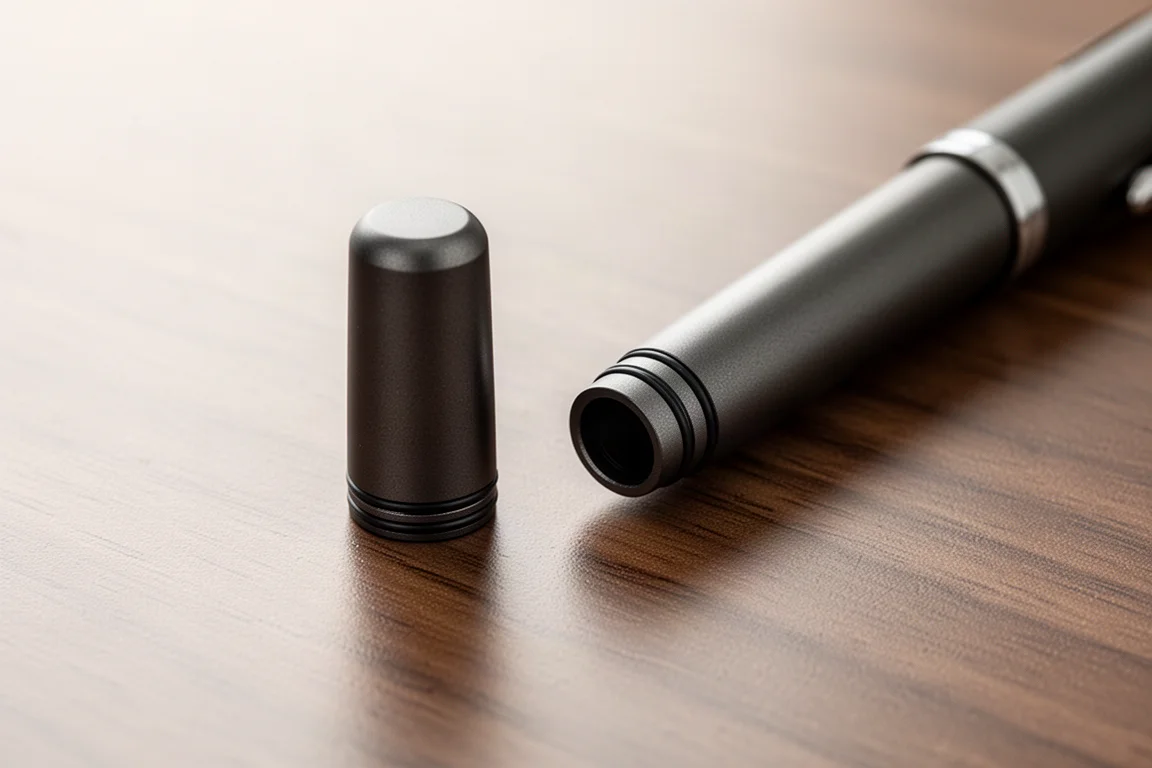 Cappuccio di una penna stilografica con O-ring visibili su una scrivania di legno accanto a una penna chiusa