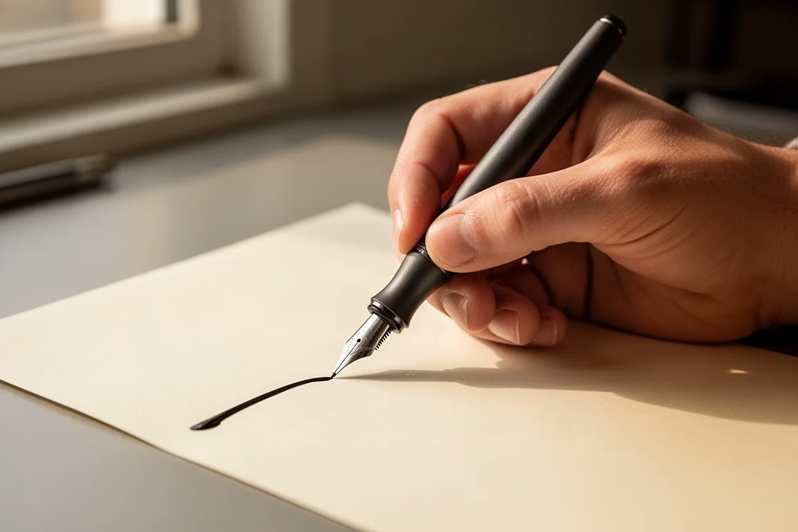 Persona che scrive fluidamente con una penna stilografica su carta color crema, con la linea d'inchiostro che asciuga