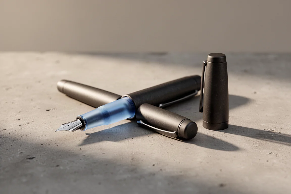 Penna stilografica accanto al suo piccolo cappuccio su una superficie di cemento nella luce soffusa della sera