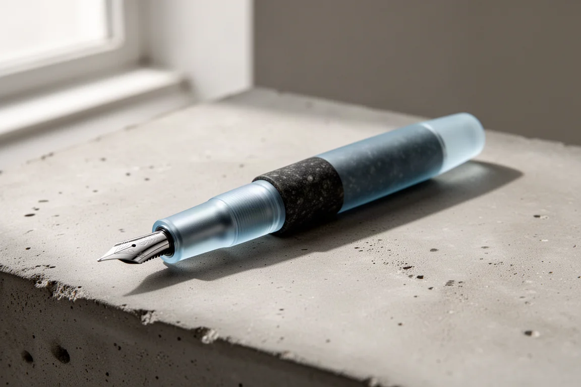 Penna stilografica artigianale con fusto scuro opaco e sezione azzurra satinata su cemento