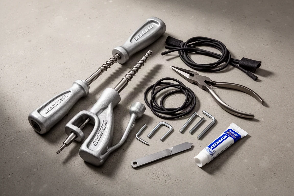 Heavy duty tire repair kit tools laid out on a concrete surface