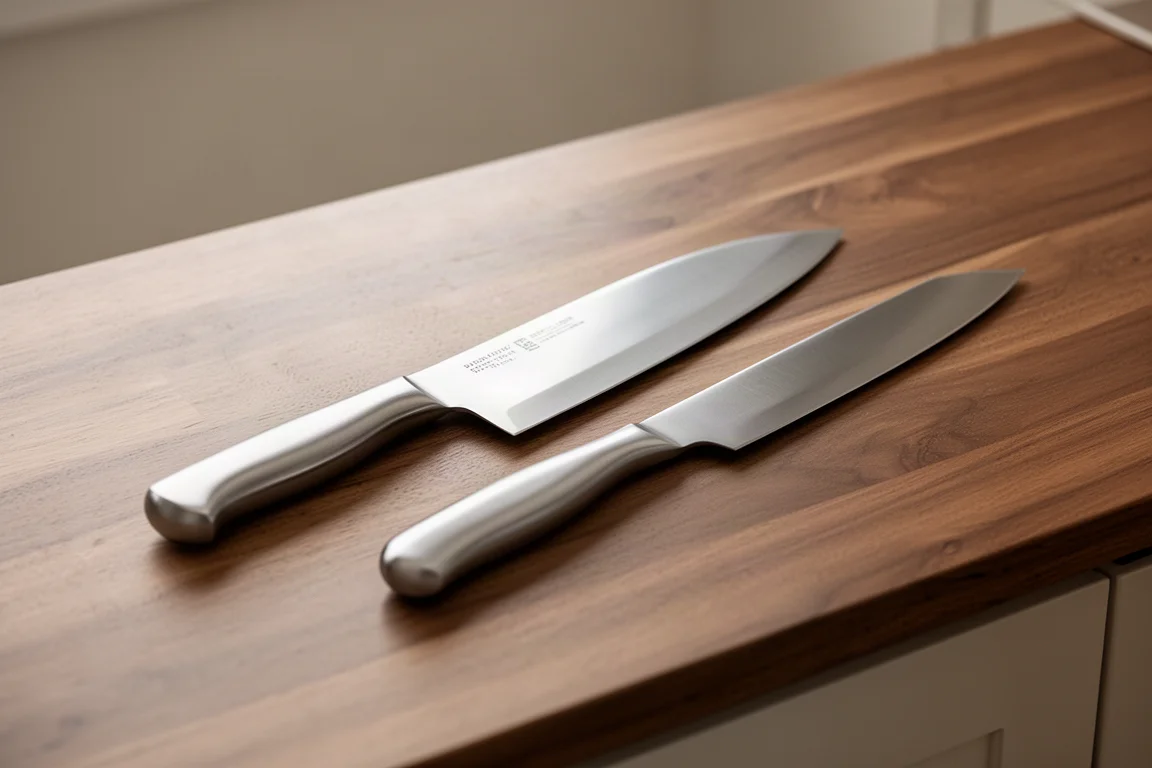 Chefmesser und Nakiri nebeneinander auf einer Küchenarbeitsplatte