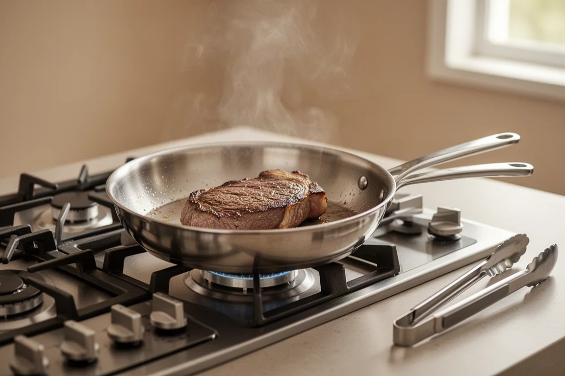 Steak brät in einer Edelstahlpfanne auf einem Gasherd