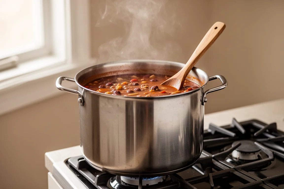 Suppentopf mit einer herzhaften Suppe köchelt auf dem Herd