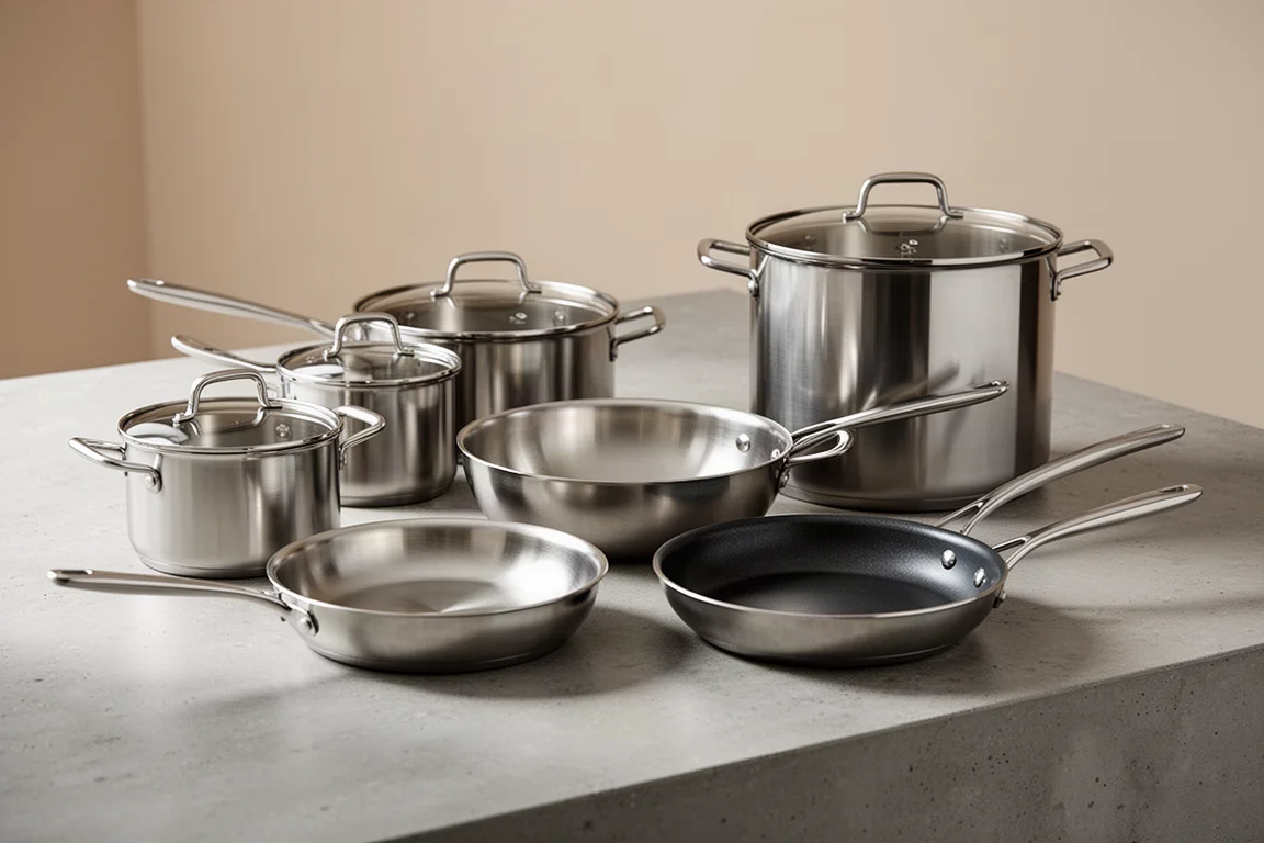 Made In 10-piece stainless steel cookware set arranged on a kitchen counter