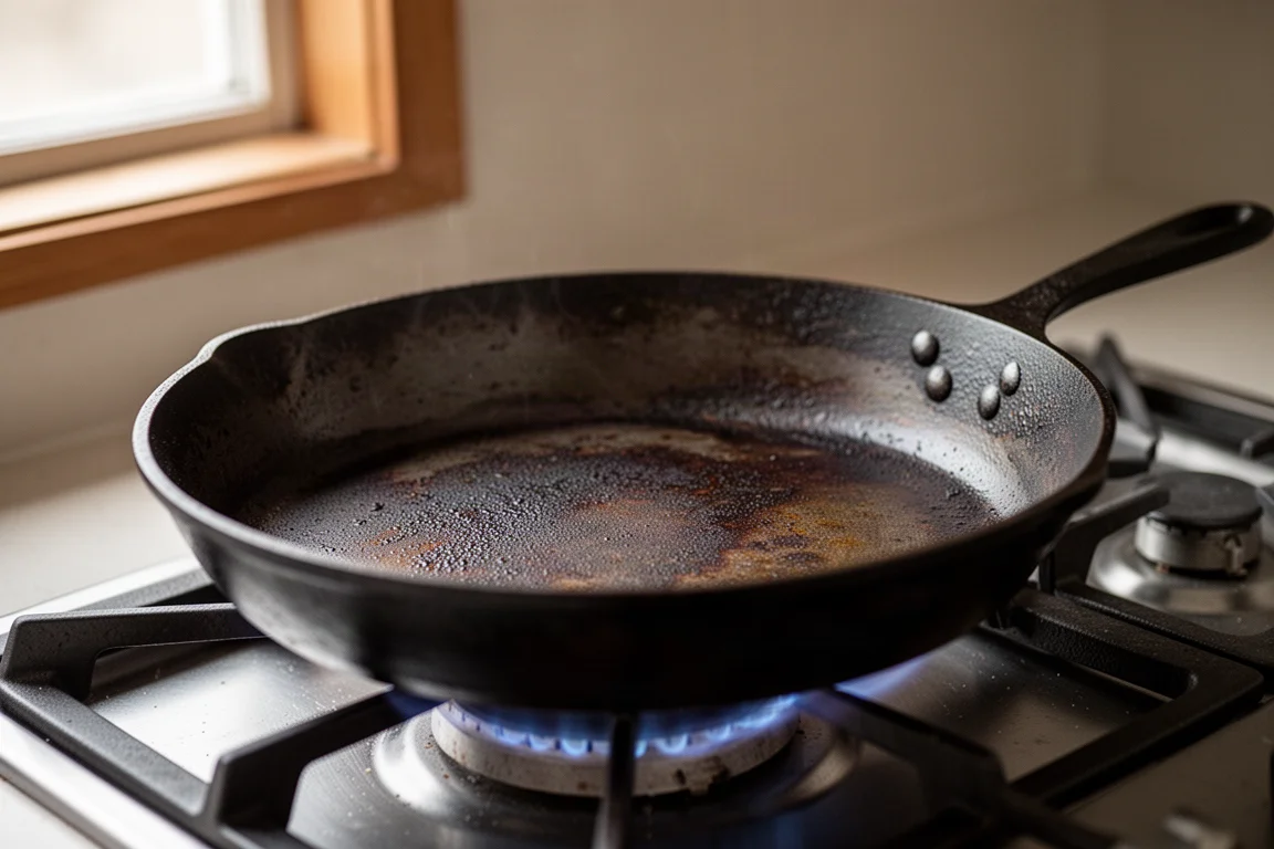 Eine Hand neigt eine dunkle, eingebrannte Carbon-Steel-Pfanne über einer Gasflamme