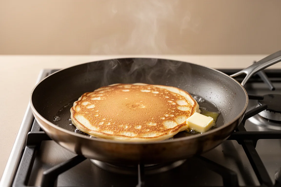 Pfannkuchen in drei verschiedenen Pfannen auf einem Herd-Testaufbau