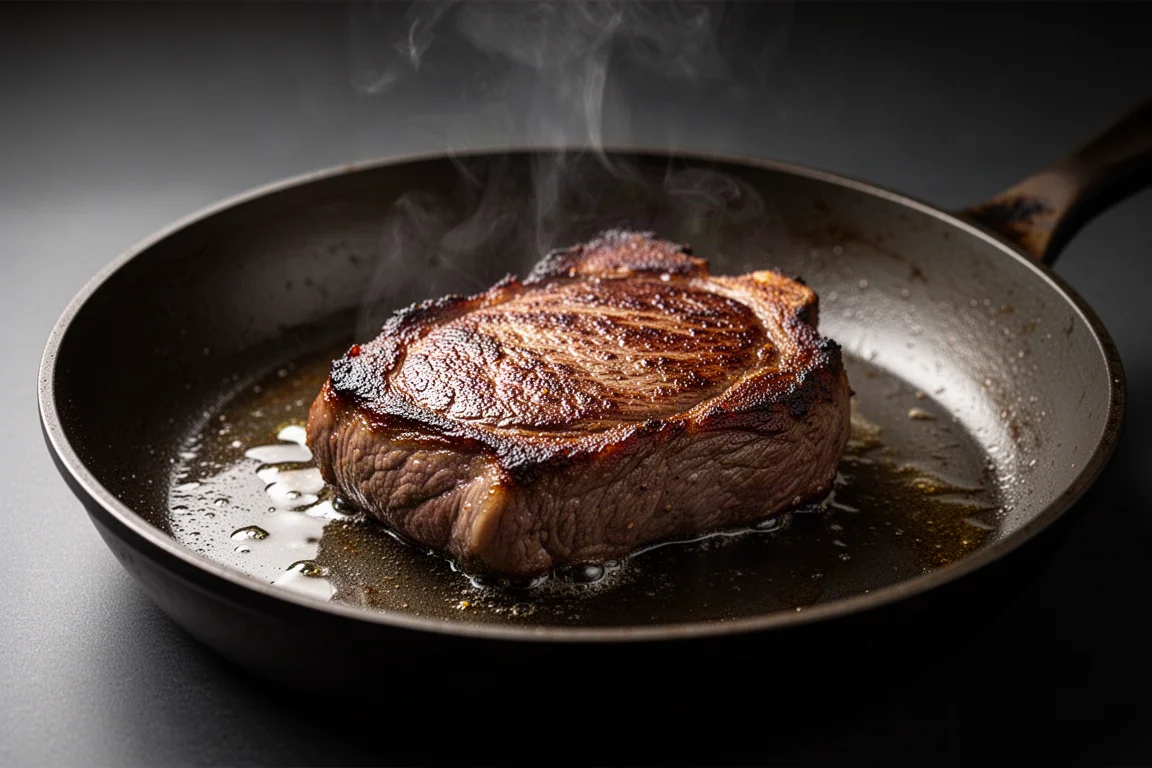 Ein Steak mit dunkler Kruste brät in einer heißen Pfanne